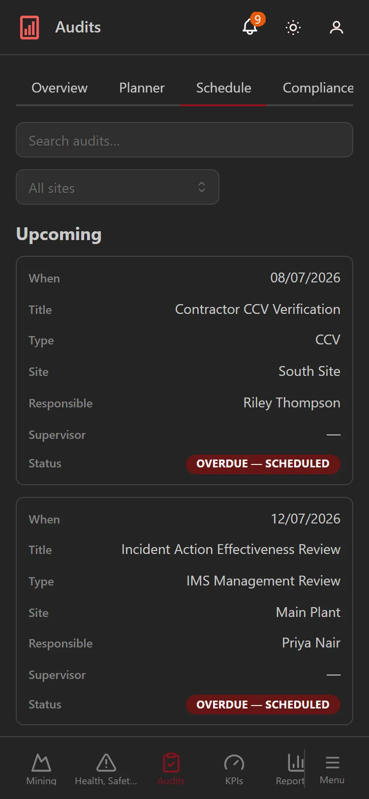 The upcoming audit schedule on a phone, with status badges