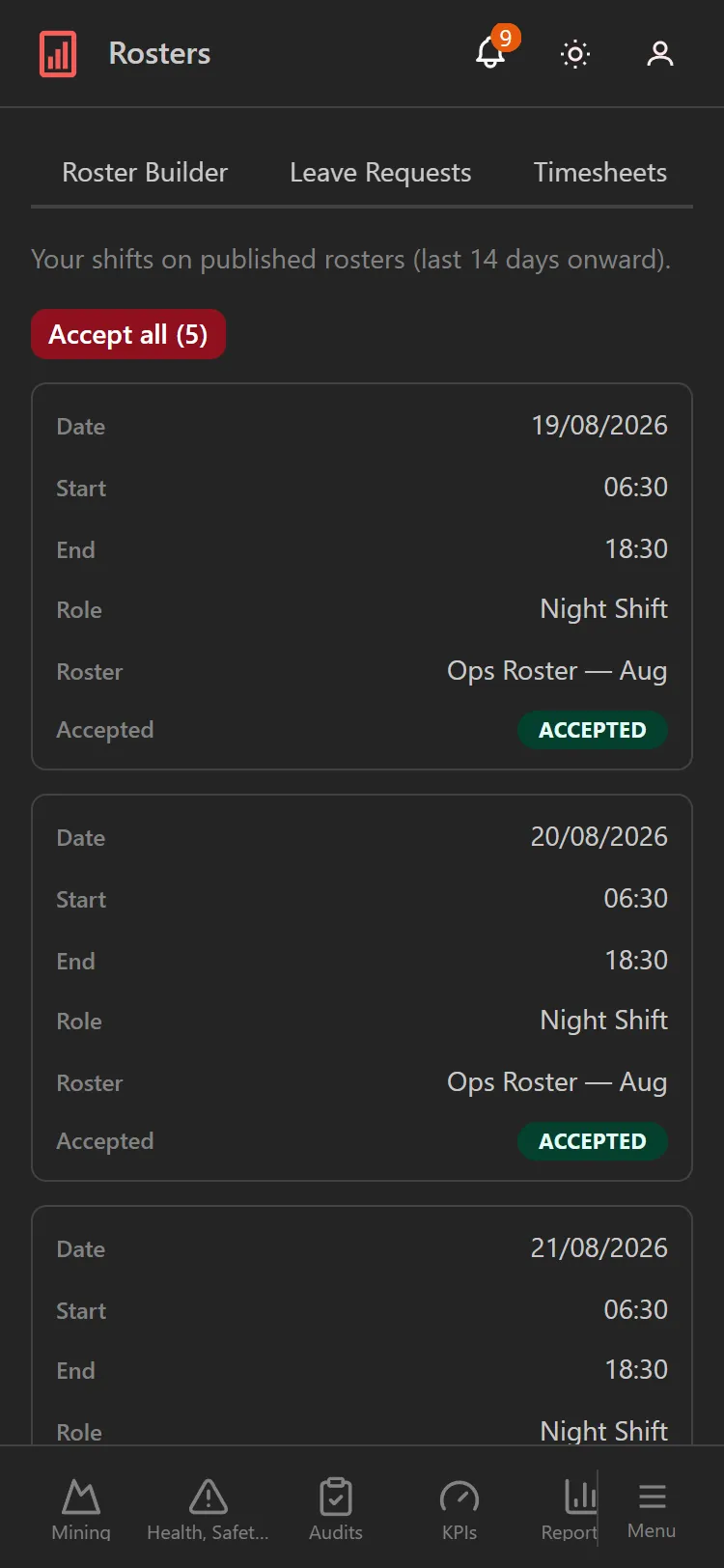 A staff member's shifts on a phone, with an accept-all button