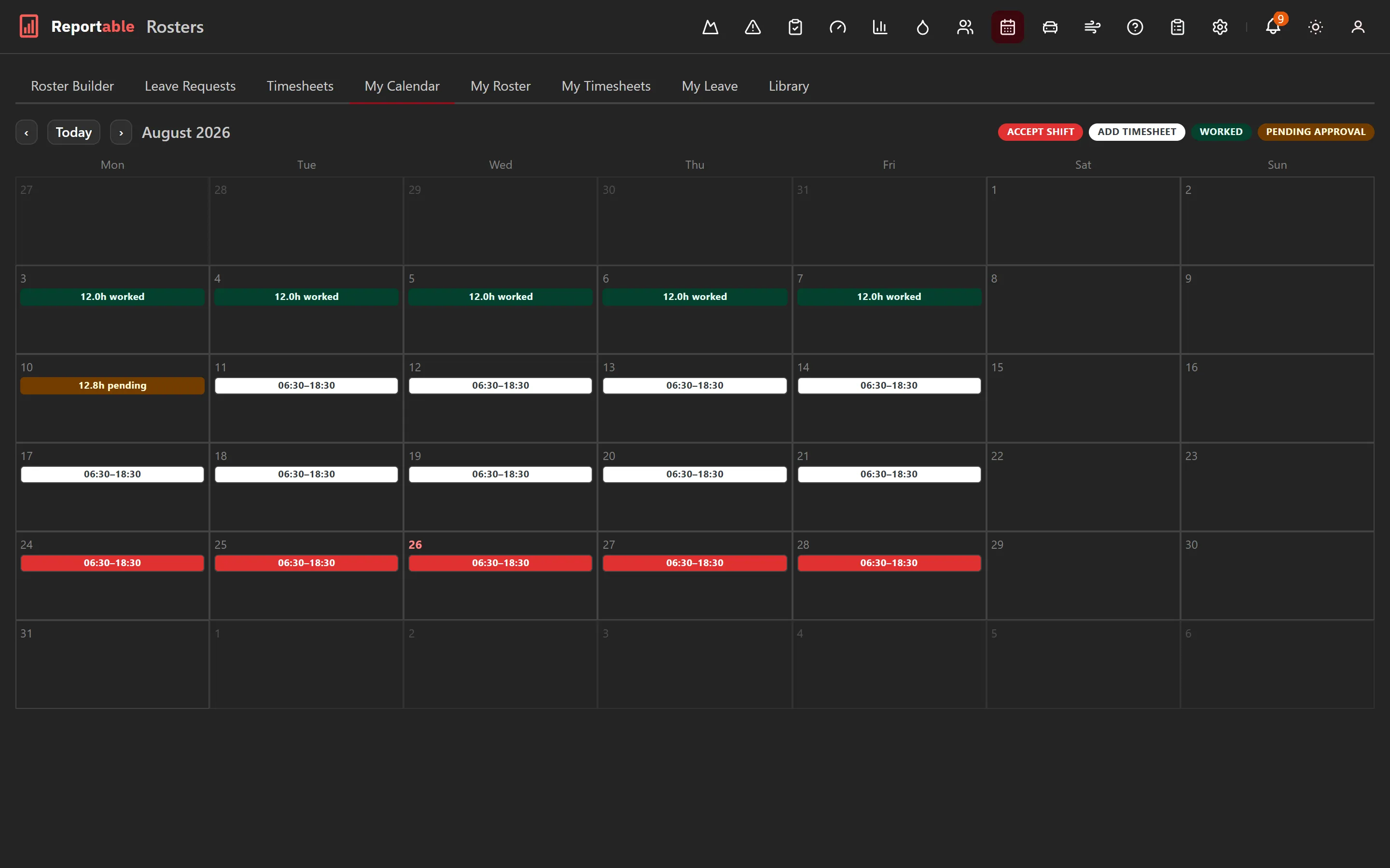 A month calendar of rostered shifts and worked timesheets